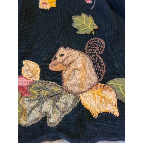 Tiara International Squirrel Cardigan Sweater womens LARGE VTG black floral zip - Picture 2 of 4